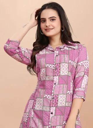 Foil Print Work Soft Cotton Party Wear Kurti In Lavender for Casual