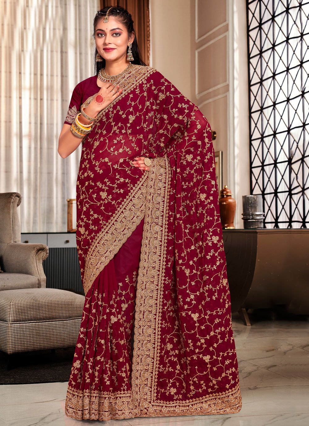 Maroon Pure Soft Border Work Glowing Georgette Silk Wholesale Designer Saree  Catalog, Blouse Fabric: Weaving Blouse at Rs 1525/piece in Surat