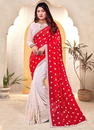 Georgette Classic Saree In Red and White