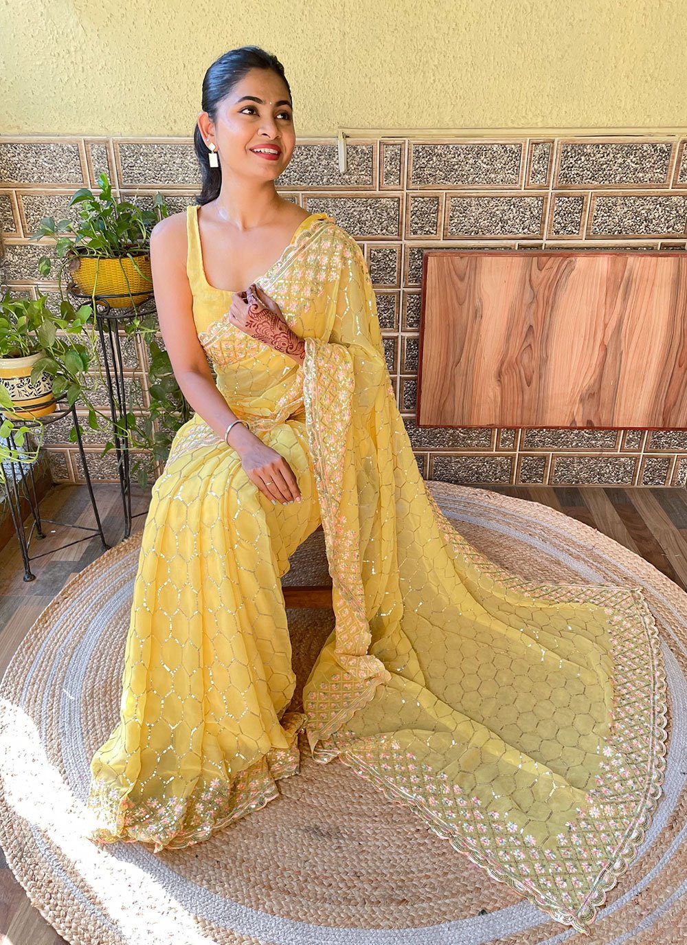 Buy Georgette Classic Sari In Yellow : 287173