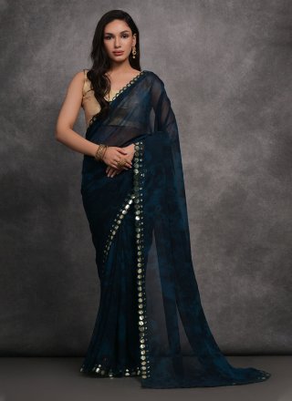 Georgette Contemporary Saree with Mirror and Print Work