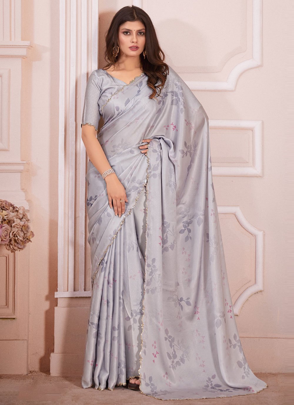 $52 - $64 - Cream Georgette Satin Multi Designer Sarees