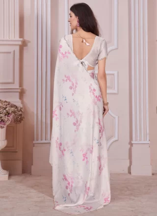 Georgette Satin Classic Sari In White
