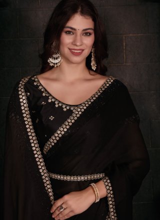 Georgette Satin Classic Sari with Patch Border and Zircon Work