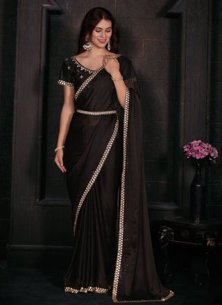 Georgette Satin Classic Sari with Patch Border and Zircon Work