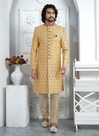 Georgette Sherwani Mens Wear In Gold