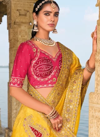 Gilded Yellow Pure Crepe Contemporary Sari with Embroidered, Sequins, Thread and Zari Work