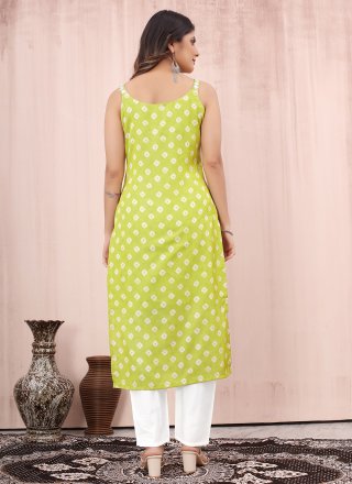 Girlish Green Chanderi Silk Casual Kurti with Digital Print and Mirror Work