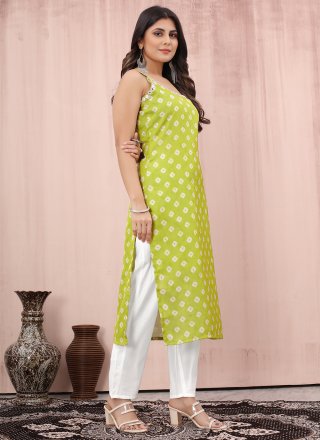 Girlish Green Chanderi Silk Casual Kurti with Digital Print and Mirror Work