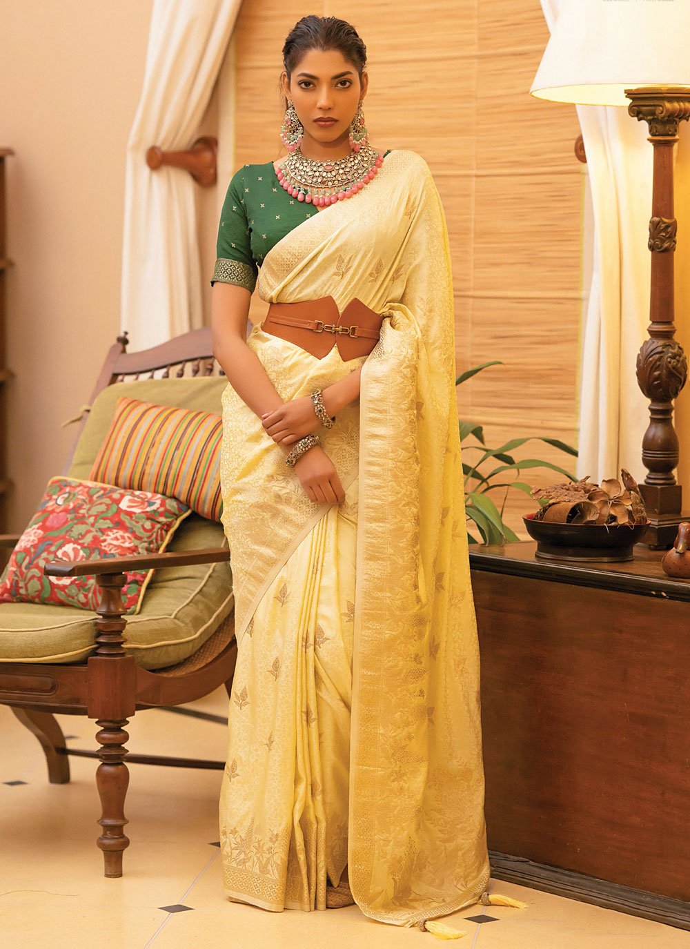 Gold satin draped sari and blouse | Blouses for women, Saree look, Halter  neck blouses