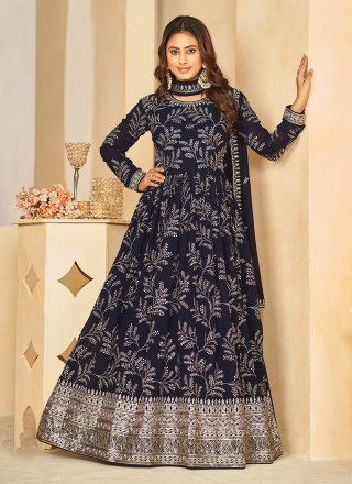 Glamorous Blue Faux Georgette Floor Length Salwar Suit with Embroidered and Sequins Work