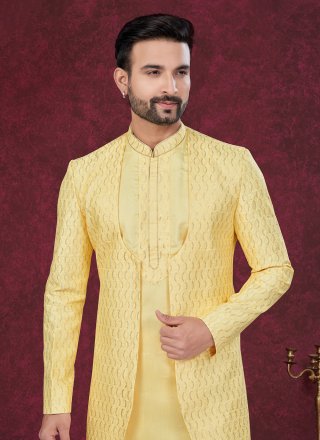Glamorous Yellow Silk Sherwani Mens Wear