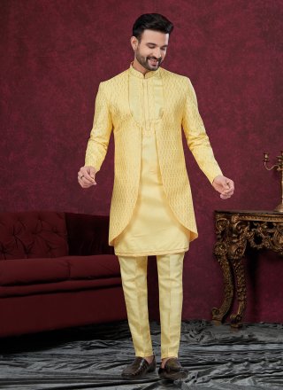 Glamorous Yellow Silk Sherwani Mens Wear