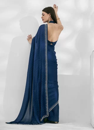 Gleaming Blue Chiffon Classic Saree with Patch Border Work