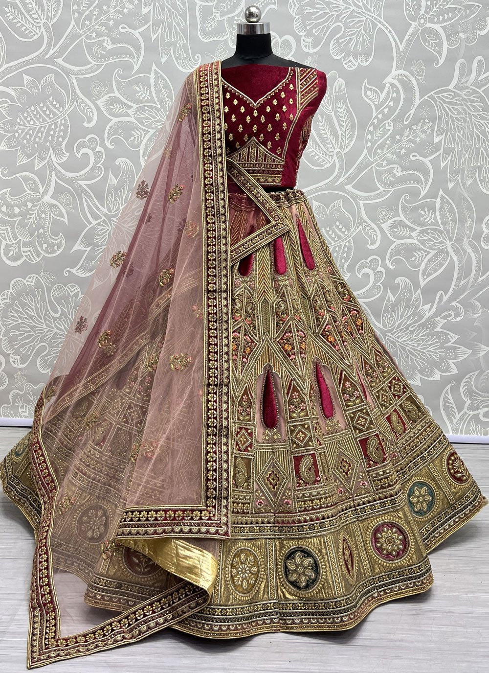 Taffeta Silk Fabric Wedding Wear Glorious Lehenga In Wine Color With  Embroidered Work