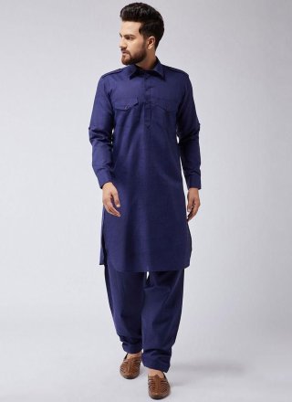 Glorious Blue Cotton Kurta Pyjama In Plain
