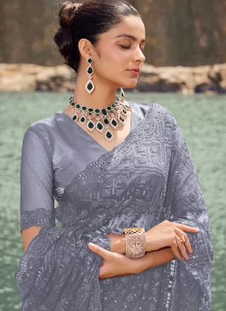 Glorious Grey Net Designer Saree