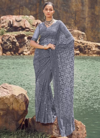 Glorious Grey Net Designer Saree