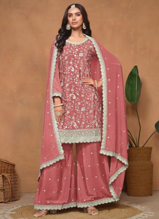Glorious Peach and Pink Chinon Salwar Suit with Embroidered and Sequins Work