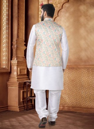 Glossy Beige and White Jacquard Kurta Payjama with Jacket