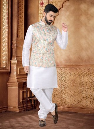 Glossy Beige and White Jacquard Kurta Payjama with Jacket