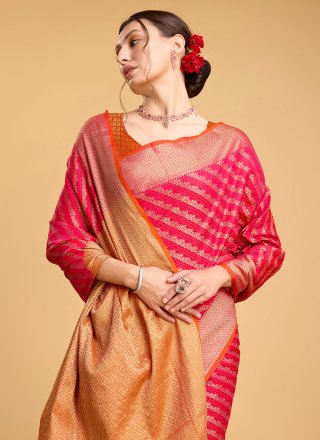 Glossy Pink Patola Silk Contemporary Sari with Jacquard and Weaving Work