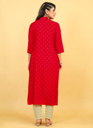Glossy Red Rayon Party Wear Kurti with Mirror and Print Work