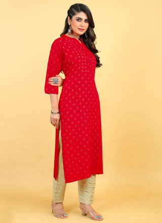 Glossy Red Rayon Party Wear Kurti with Mirror and Print Work