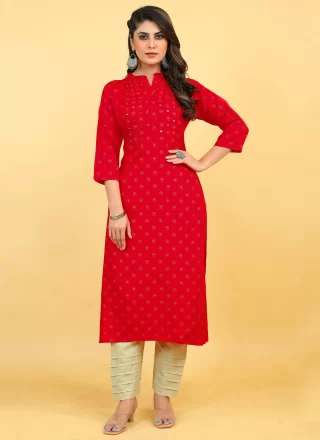 Glossy Red Rayon Party Wear Kurti with Mirror and Print Work