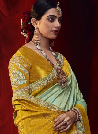 Gold and Green Art Silk Traditional Saree with Diamond and Embroidered Work for Women