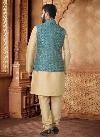 Gold and Green Cotton Embroidered, Sequins and Thread Work Kurta Payjama with Jacket