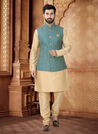 Gold and Green Cotton Embroidered, Sequins and Thread Work Kurta Payjama with Jacket
