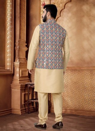 Gold and Green Cotton Embroidered, Sequins and Thread Work Kurta Payjama with Jacket for Ceremonial