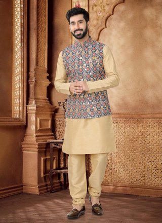 Gold and Green Cotton Embroidered, Sequins and Thread Work Kurta Payjama with Jacket for Ceremonial