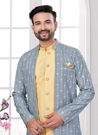 Gold and Grey Imported Buttons, Machine Embroidery and Thread Work Sherwani Mens Wear