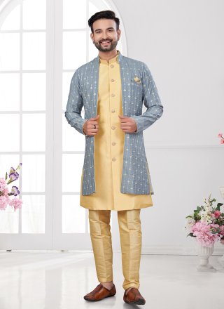 Gold and Grey Imported Buttons, Machine Embroidery and Thread Work Sherwani Mens Wear