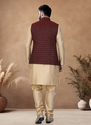 Gold and Maroon Jacquard Kurta Payjama with Jacket with Embroidered, Sequins and Thread Work