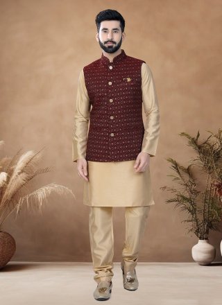 Gold and Maroon Jacquard Kurta Payjama with Jacket with Embroidered, Sequins and Thread Work