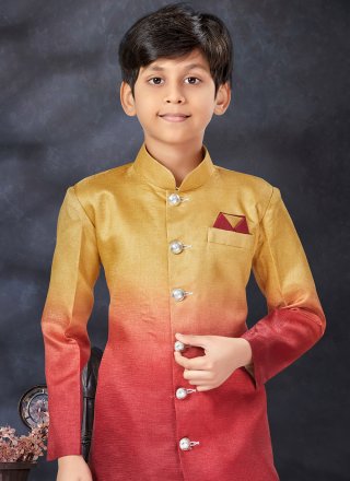 Gold and Maroon Silk Indo Western with Buttons, Fancy and Print Work for Kid