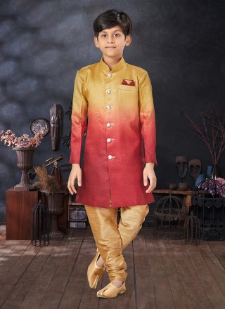 Gold and Maroon Silk Indo Western with Buttons, Fancy and Print Work for Kid