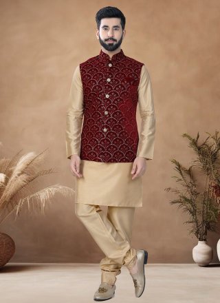 Gold and Maroon Silk Kurta Payjama with Jacket