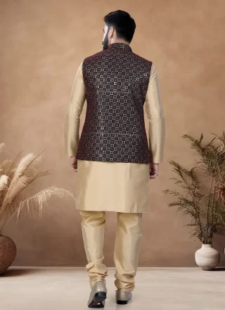 Gold and Maroon Silk Kurta Payjama with Jacket with Embroidered, Sequins and Thread Work for Ceremonial