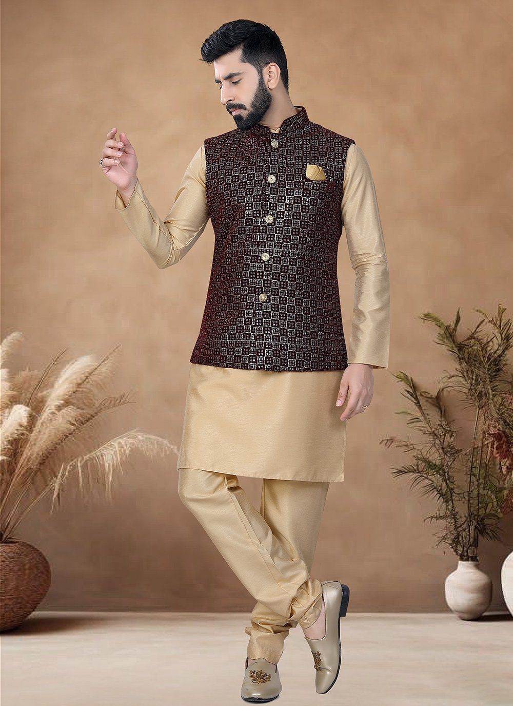 Gold and Maroon Silk Kurta Payjama with Jacket with Embroidered, Sequins  and Thread Work for Ceremonial
