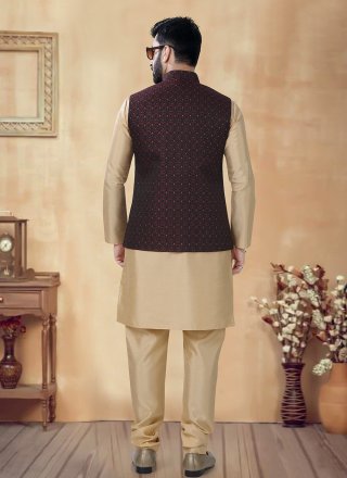 Gold and Maroon Silk Sequins and Thread Work Kurta Payjama with Jacket