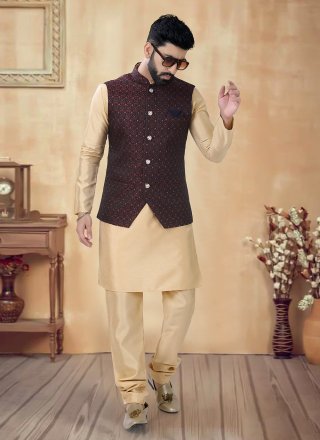 Gold and Maroon Silk Sequins and Thread Work Kurta Payjama with Jacket