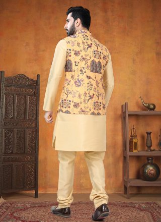 Gold and Mustard Silk Print Work Kurta Payjama with Jacket