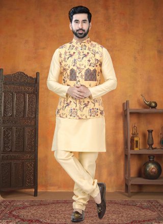 Gold and Mustard Silk Print Work Kurta Payjama with Jacket