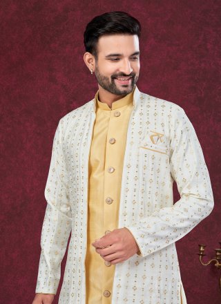 Gold and Off White Buttons, Machine Embroidery and Thread Work Imported Sherwani Mens Wear