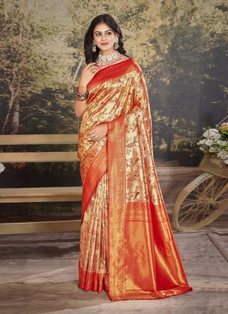 Pleasance Orange Colored Festive Wear Floral Woven Silk Blend