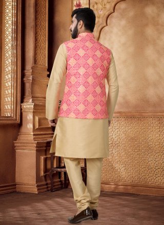 Gold and Peach Cotton Embroidered, Sequins and Thread Work Kurta Payjama with Jacket for Men
